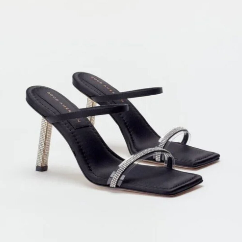 Good American Shine Kickstand  Slide Sandals Black Satin Crystal High Heels